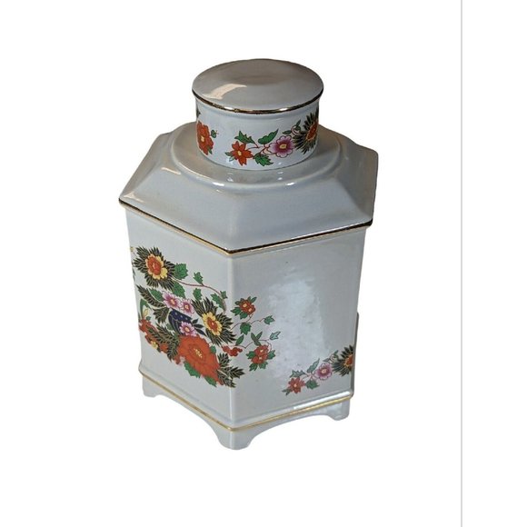 Decorative Hyalyn 836 USA Jar/ Canister Hexagon Oriental Asian Floral - Picture 2 of 10